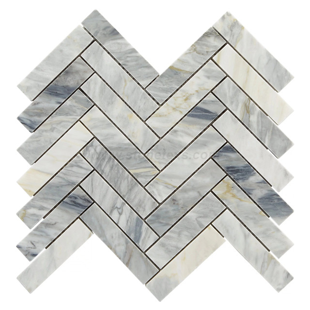 Calacatta Bluette Marble Honed Herringbone Mosaic Tile