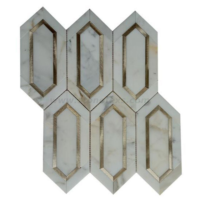 Luxury Calacatta Marble And Gold Aluminum Picket Natural Stone Mosaic Tiles