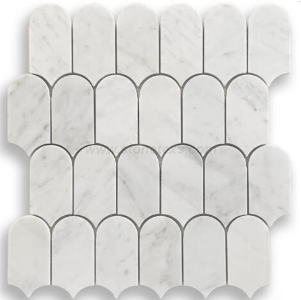 Elongated Fish Scale Honed Carrara Marble Mosaic Tile In Scallope Design Pattern