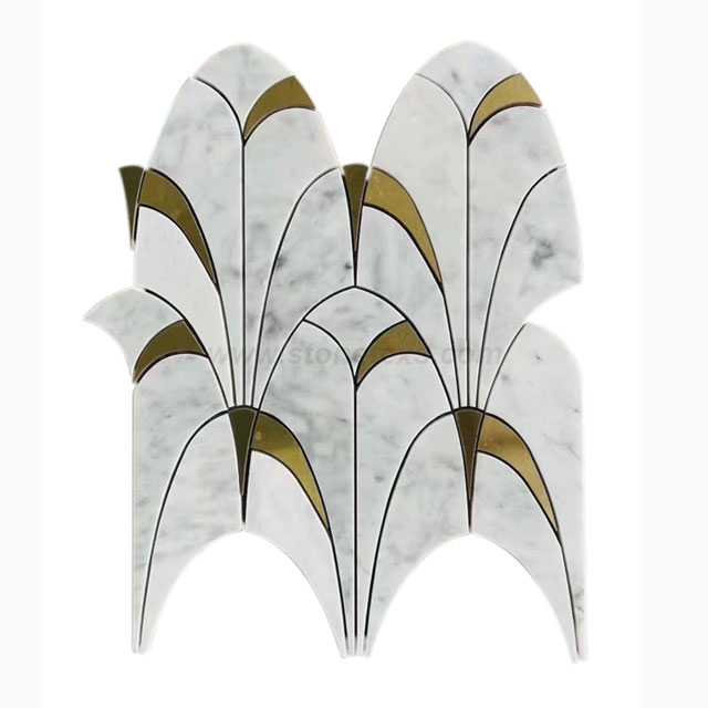 Bianco Carrara White and Brass Metal New Style Fan Mosaic